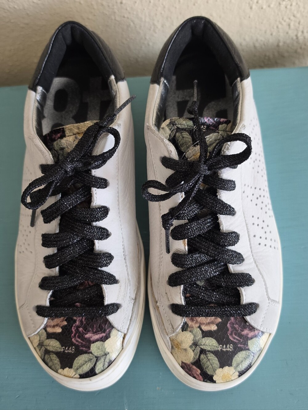 P448 John Sneaker Shoes Womens 37/7 White Leather Floral Cap Toe Lace Up Italy